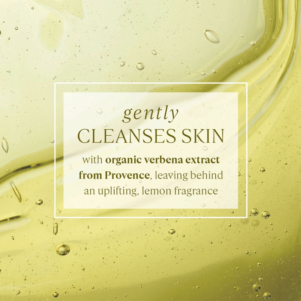 Text overlay on a green liquid background with text about cleansing skin with organic verbena extract.