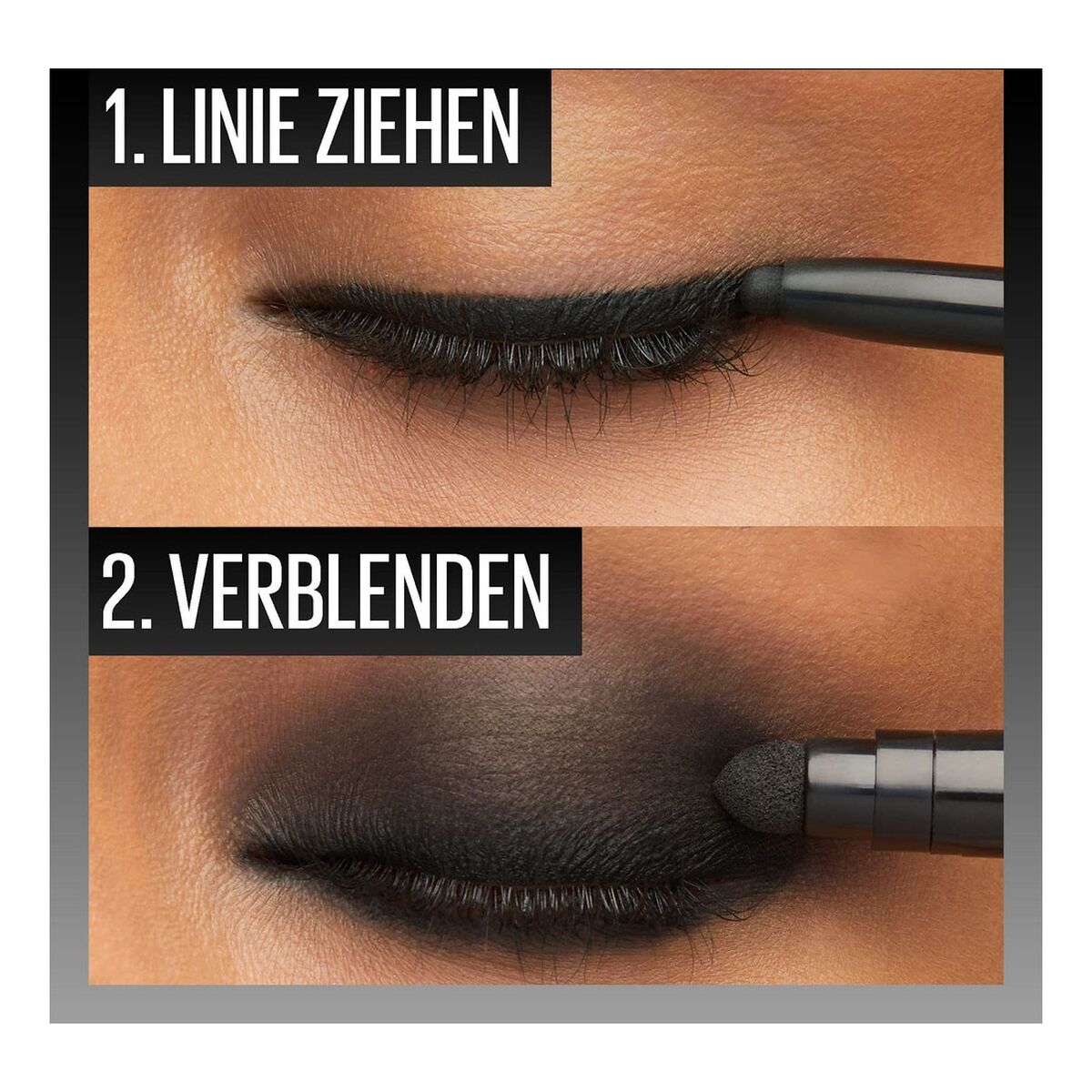 Step-by-step makeup tutorial for applying eyeliner with a brush.