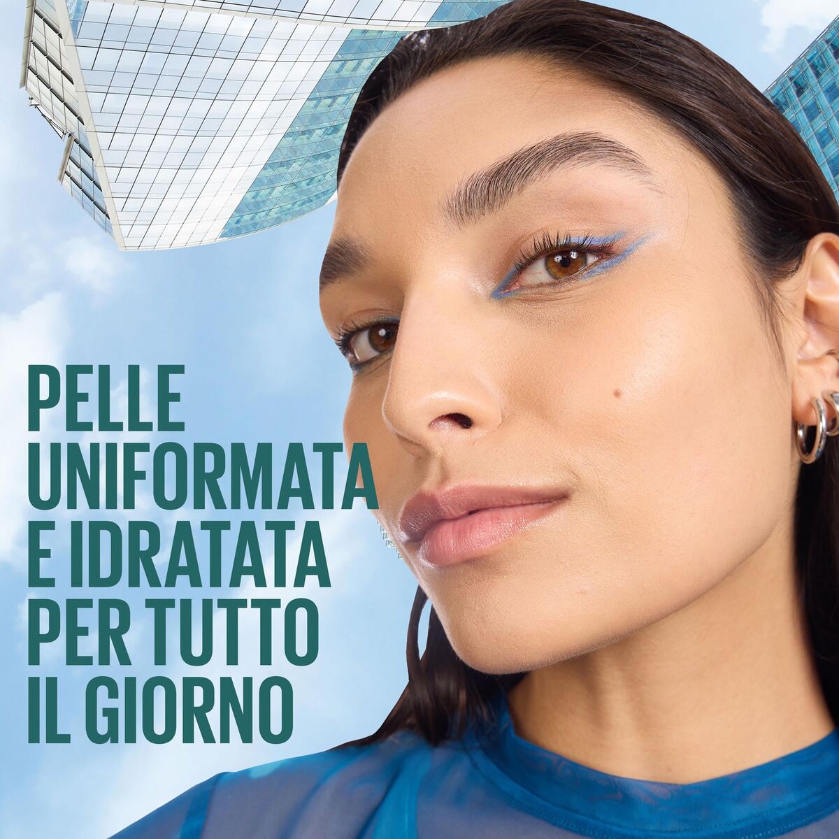 Close-up of a woman's face with text about uniformed and hydrated skin, set against a cityscape.