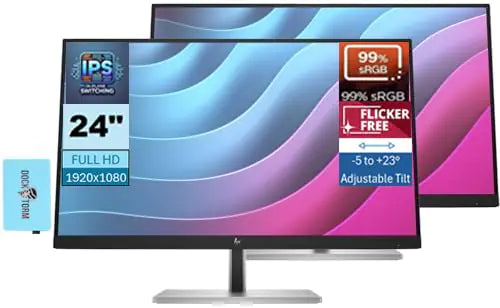 Monitor comercial HP E24 G5 de 24" IPS FHD antirreflejo, montaje VESA (100 x 100 mm), sin parpadeo, inclinación ajustable, HDMI, negro/plateado 6N6E9AA#ABA, con concentrador DKZ y expansor de puerto USB (modelo más reciente de 2024) (paquete de 2)