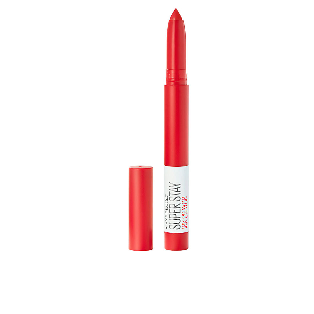 Red lip crayon with white label on a white background
