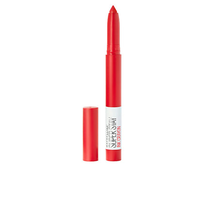 Red lip crayon with white label on a white background