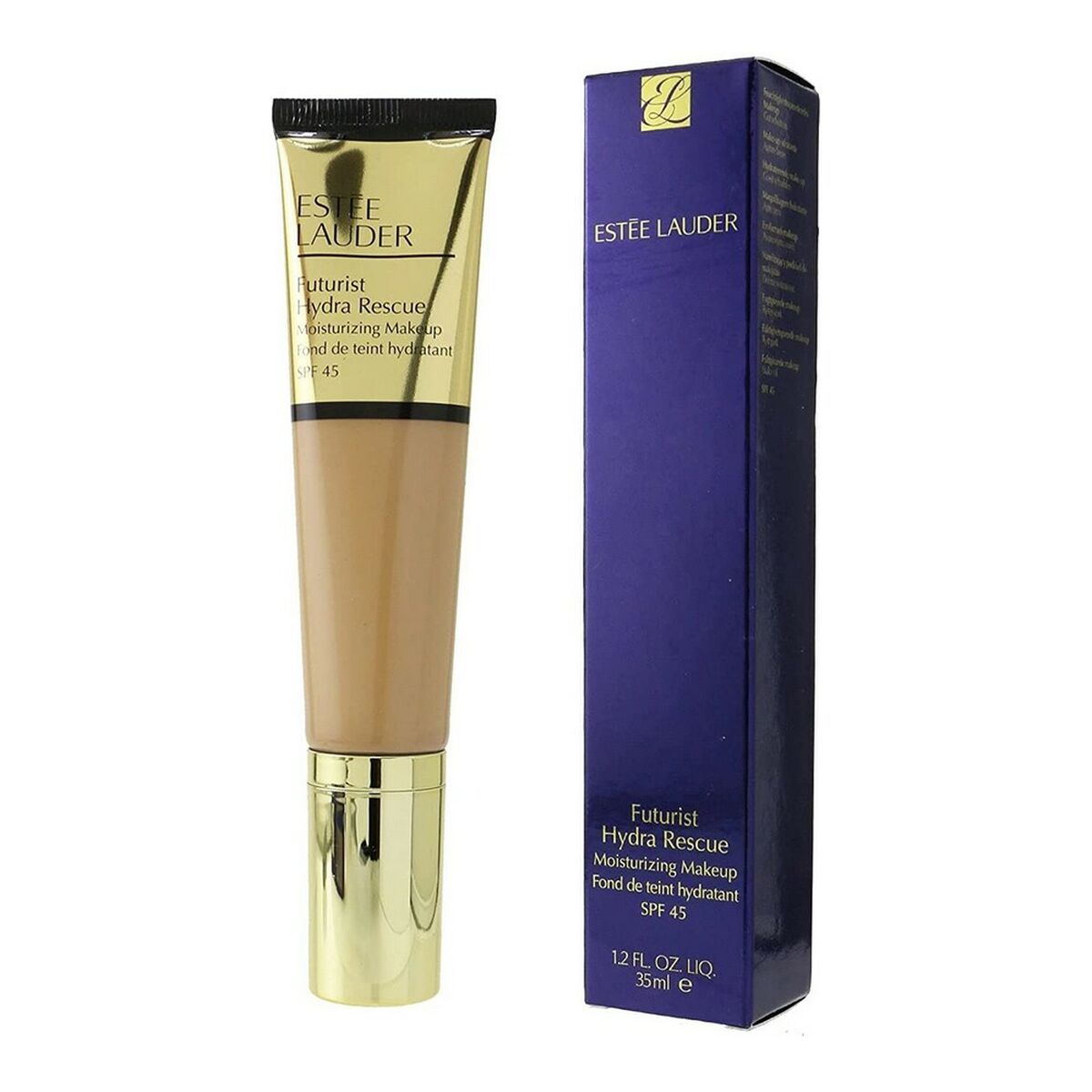 Estée Lauder Futurist Hydra Rescue moisturizing makeup tube and packaging on a white background