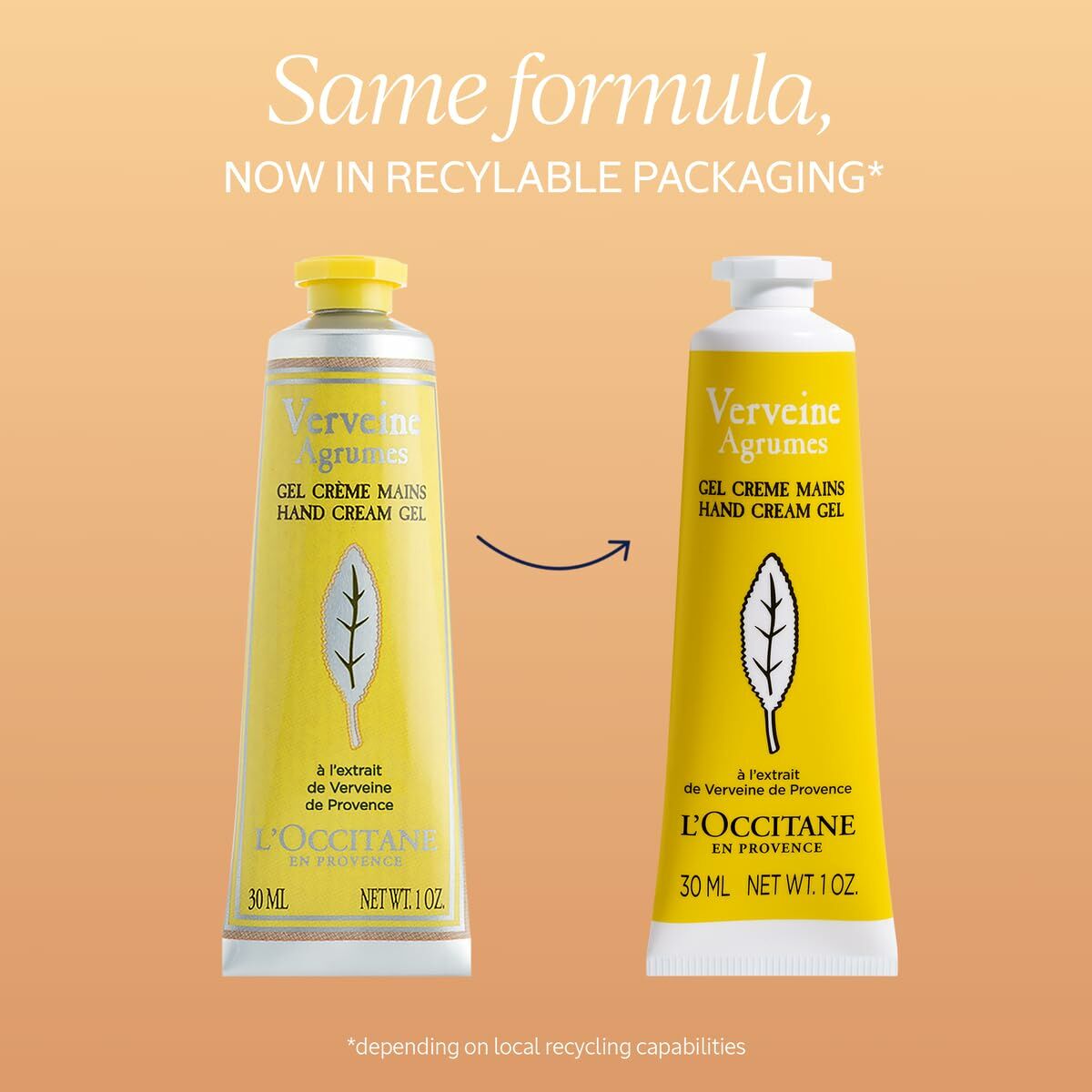 Two tubes of L'Occitane Verveine Agrumes hand cream gel on a peach background with text about recyclable packaging.