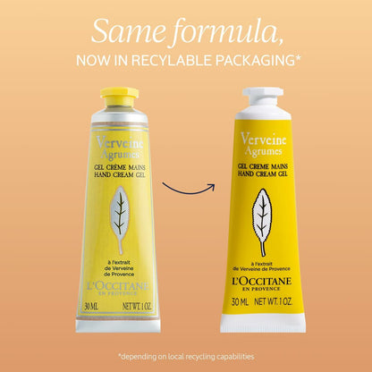 Two tubes of L'Occitane Verveine Agrumes hand cream gel on a peach background with text about recyclable packaging.