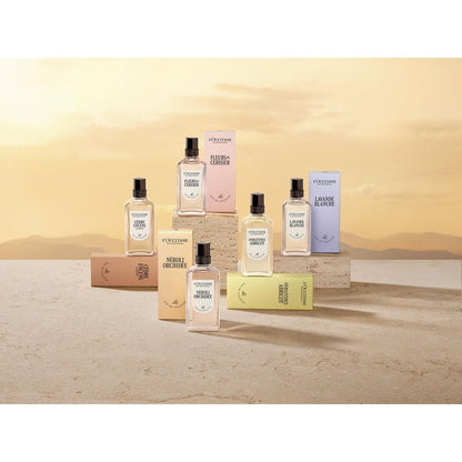 Collection of L'Occitane perfume bottles and packaging on a desert-themed background