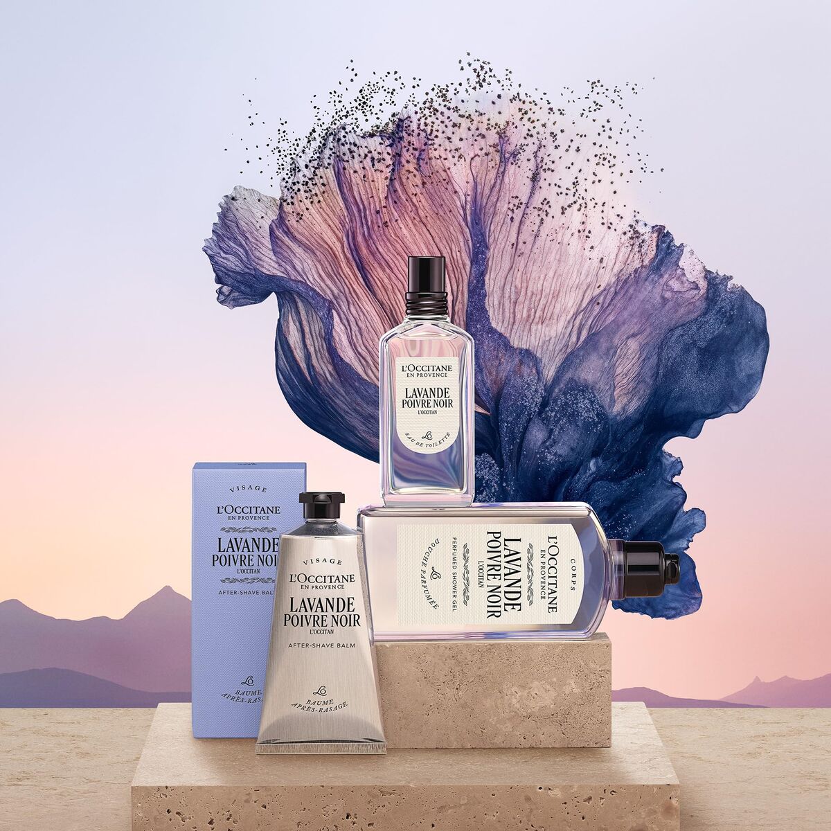 L'Occitane Lavande Poivre Noir products on a decorative stand with abstract art in the background