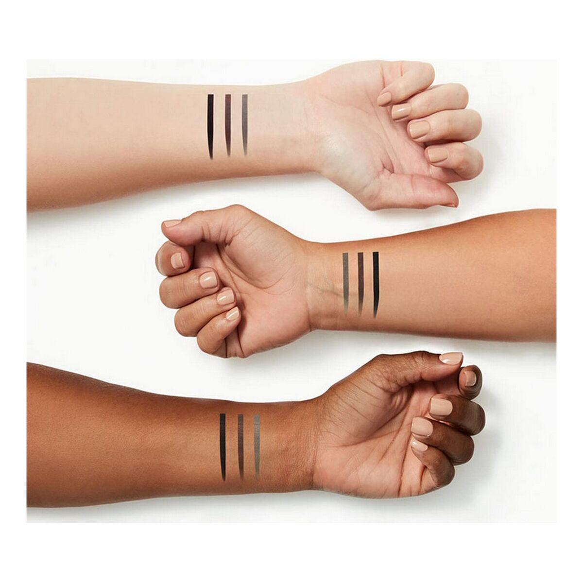 Three different skin tones with temporary tattoos of four vertical lines on wrists.