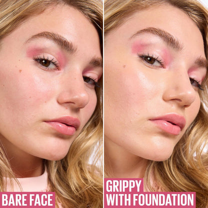 Before and after comparison of a woman's face with foundation application.
