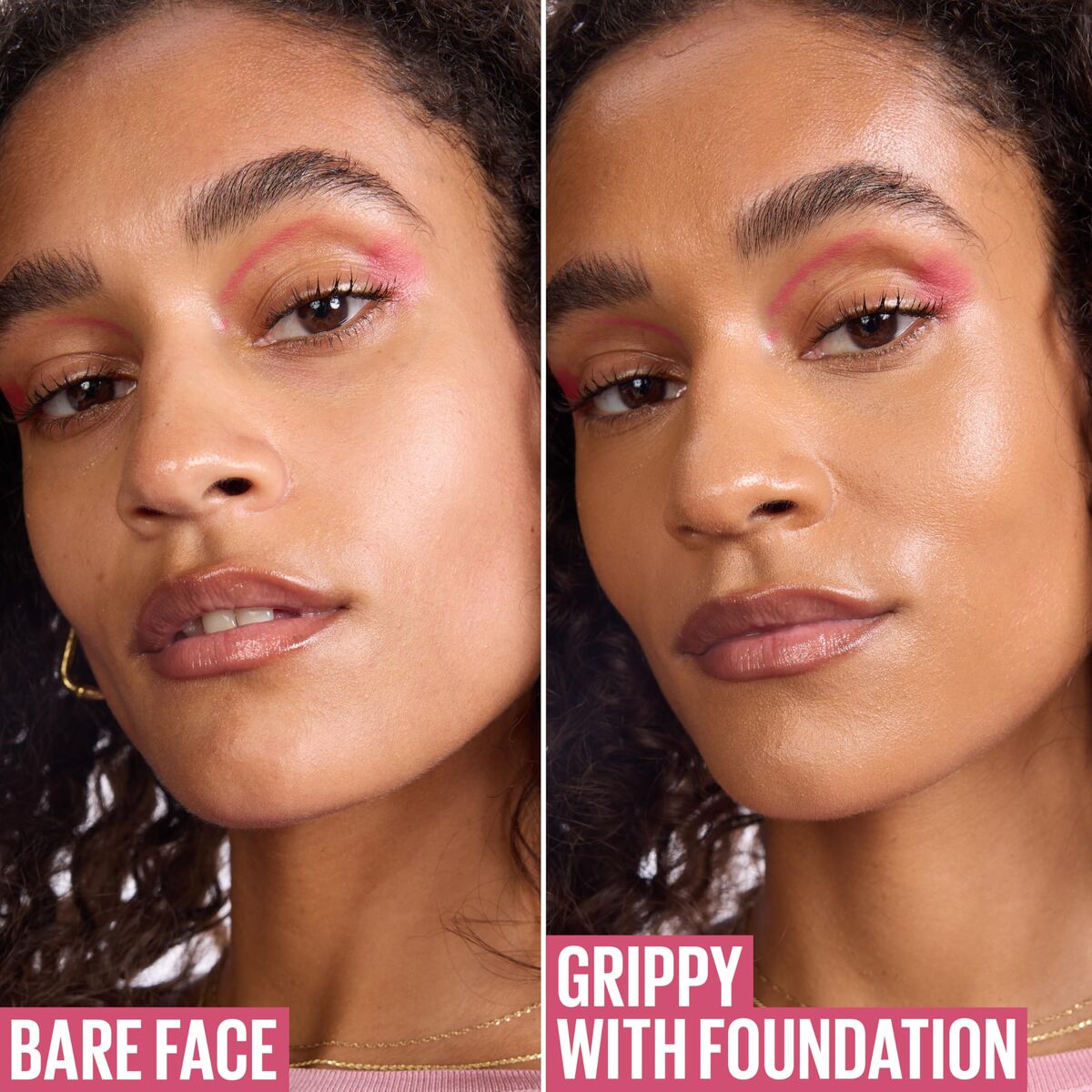 Side-by-side comparison of a woman's face with 'Bare Face' and 'Grippy with Foundation' text.
