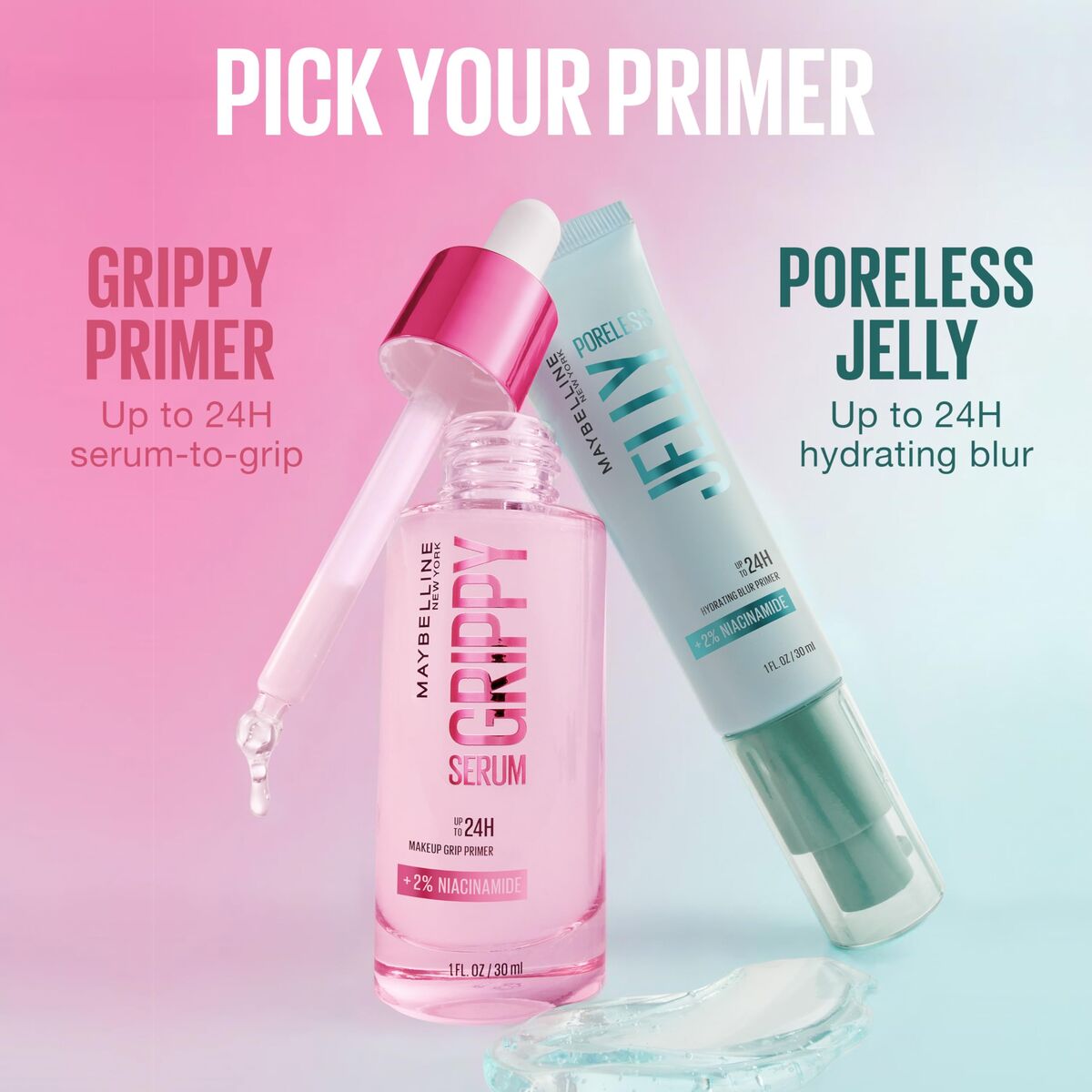 Two makeup products, 'Grippy Primer' and 'Poreless Jelly', on a gradient pink to light blue background with text indicating their features.