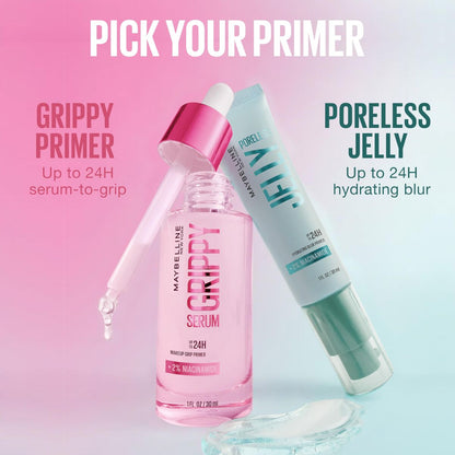 Two makeup products, 'Grippy Primer' and 'Poreless Jelly', on a gradient pink to light blue background with text indicating their features.