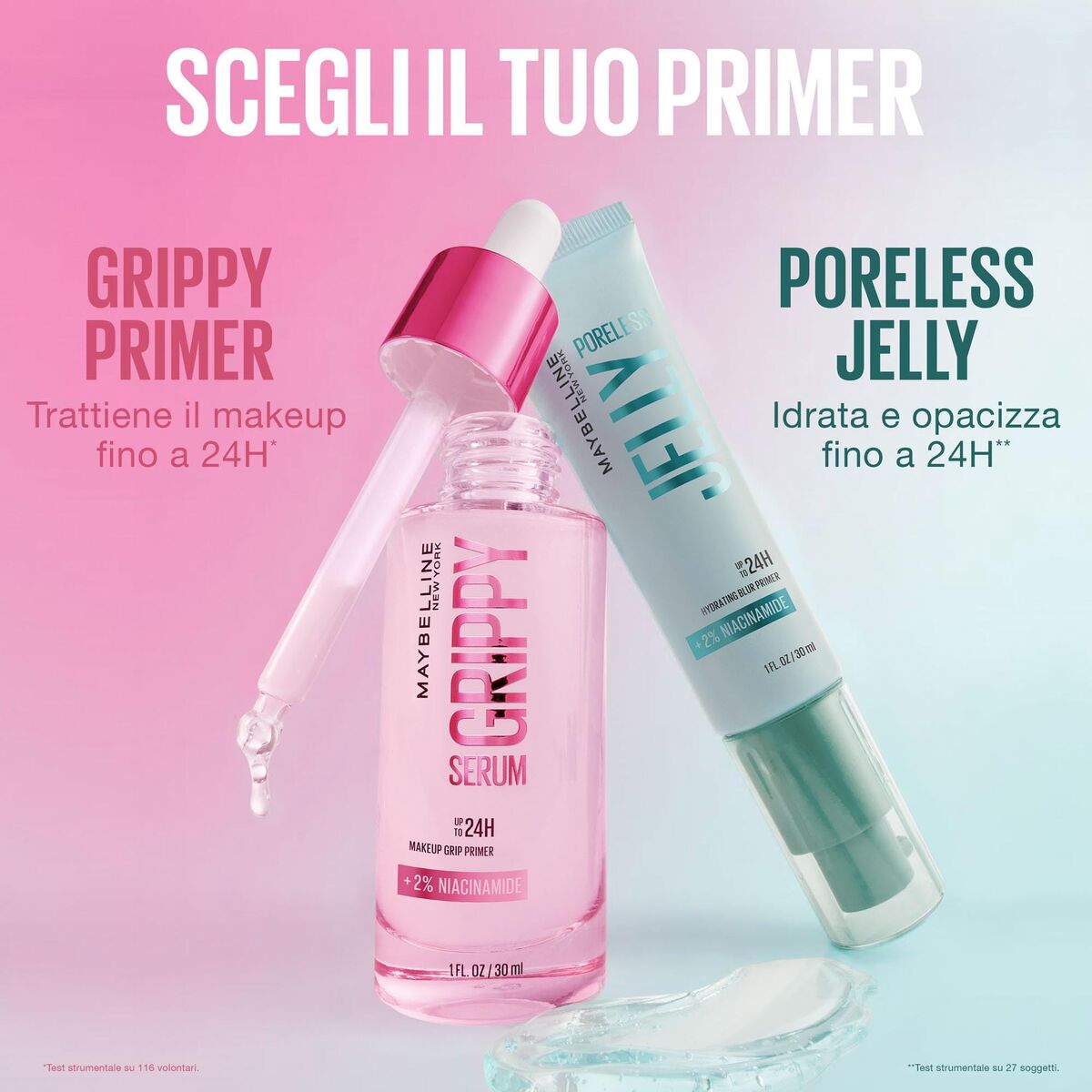 Two makeup products, 'Grippy Primer' and 'Poreless Jelly', on a pink background with text in Italian.