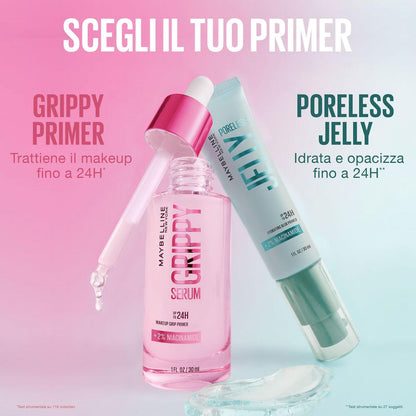 Two makeup products, 'Grippy Primer' and 'Poreless Jelly', on a pink background with text in Italian.