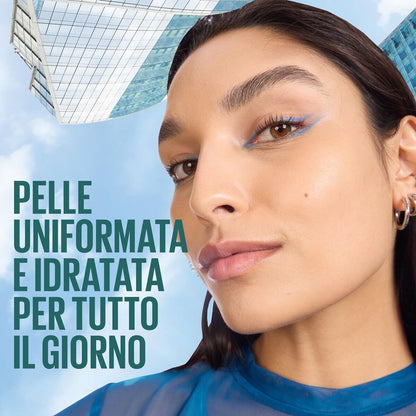 Close-up of a woman's face with text about uniformed and hydrated skin, set against a cityscape.