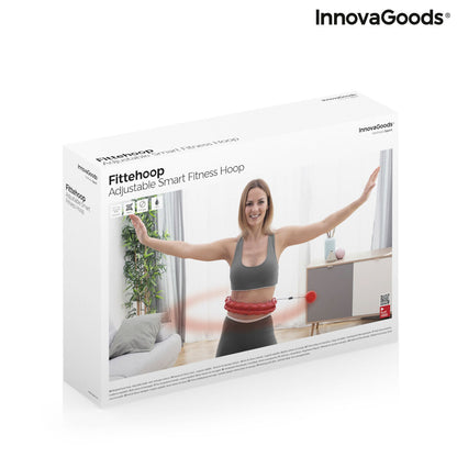 Box of InnovaGoods Fithe hoop adjustable smart fitness hoop with a woman using it in the background.