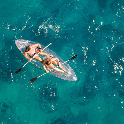 Inflatable kayak with view through transparent hull