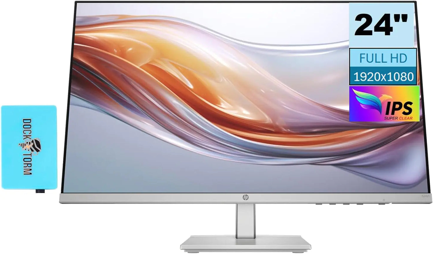 Monitor HP Serie 5 524sh (reemplaza al M24h) Pantalla FHD IPS de 24" y 300 nits con expansor de puertos USB Docztorm, 1 HDMI, 1 VGA, sin parpadeo, inclinación ajustable de -5 a +25 grados, color negro/plateado (último modelo de 2024)