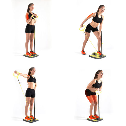 Woman using resistance bands in various exercises on a white background