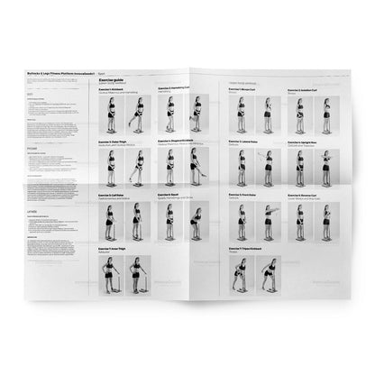 Exercise guide with black and white illustrations of various exercises on a white background