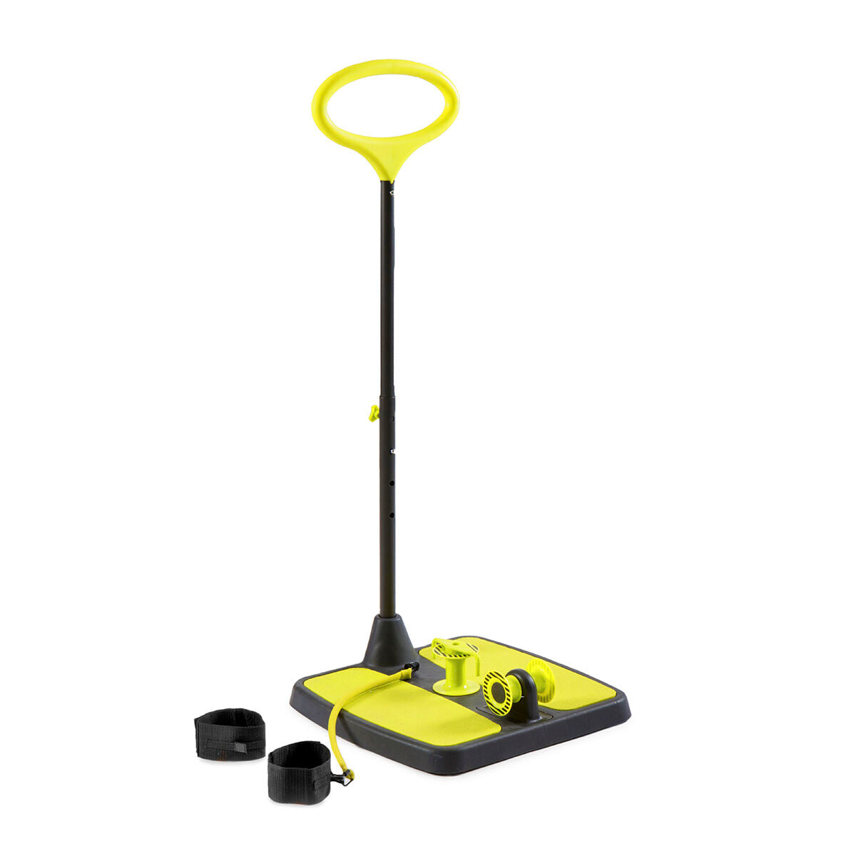 Yellow and black snow shovel with attachments on a white background