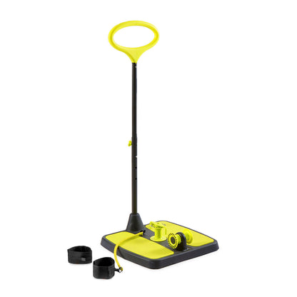 Yellow and black snow shovel with attachments on a white background
