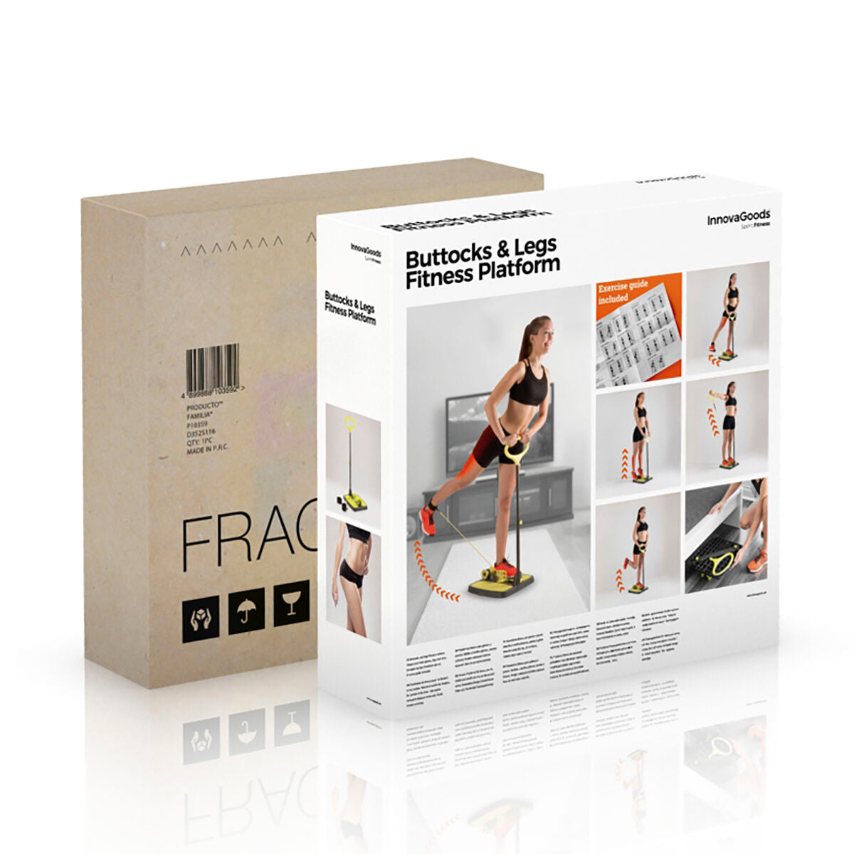 Box packaging of a fitness platform with images and text on a white background