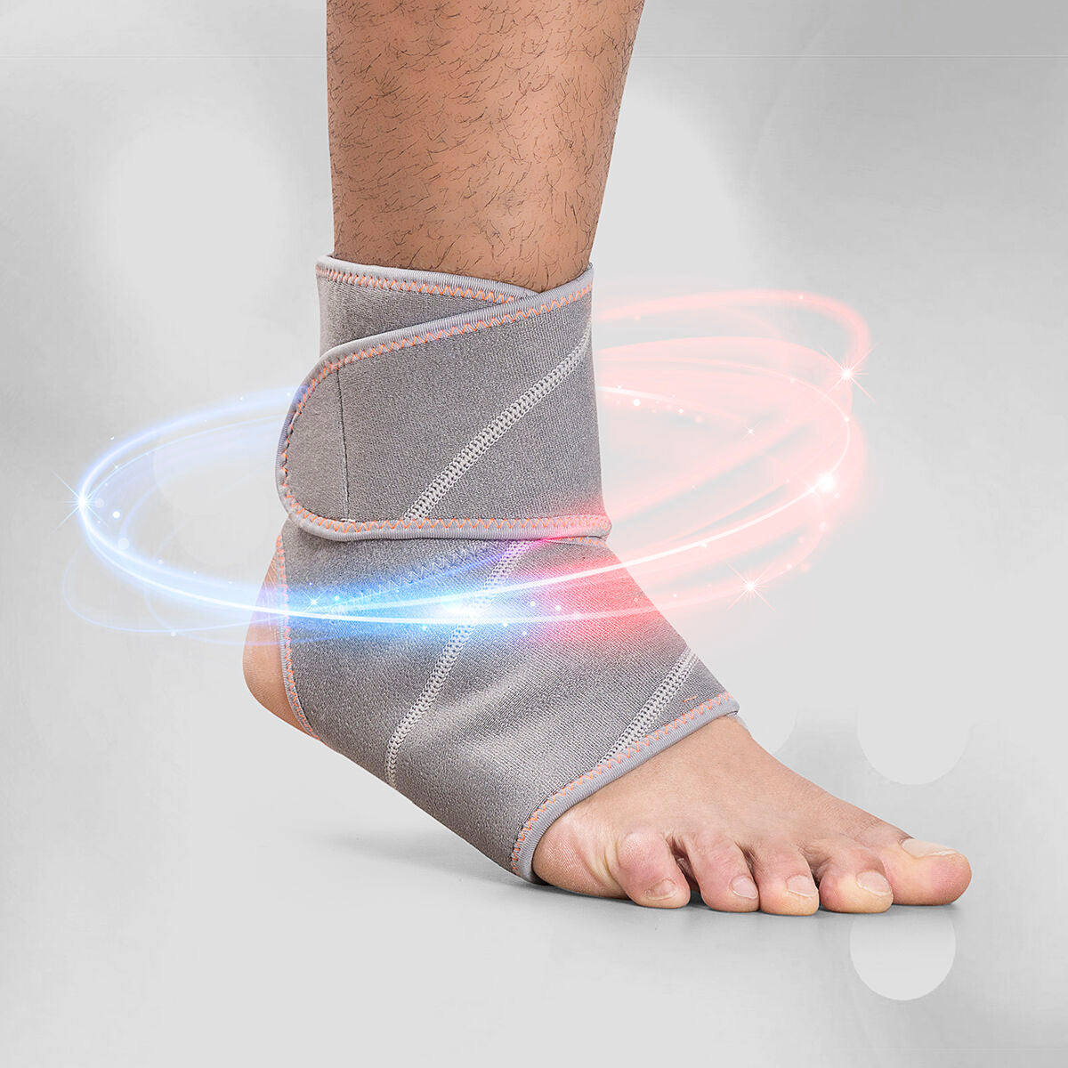 Ankle support brace on a foot with glowing effects on a light gray background