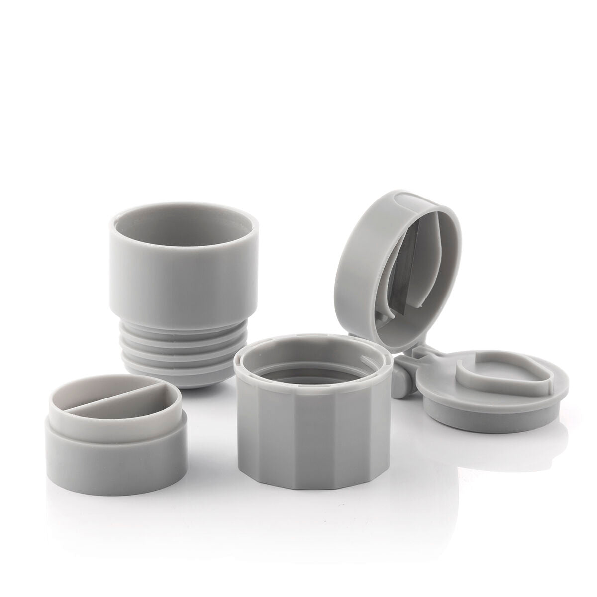 Set of gray ceramic containers with lids on a white background