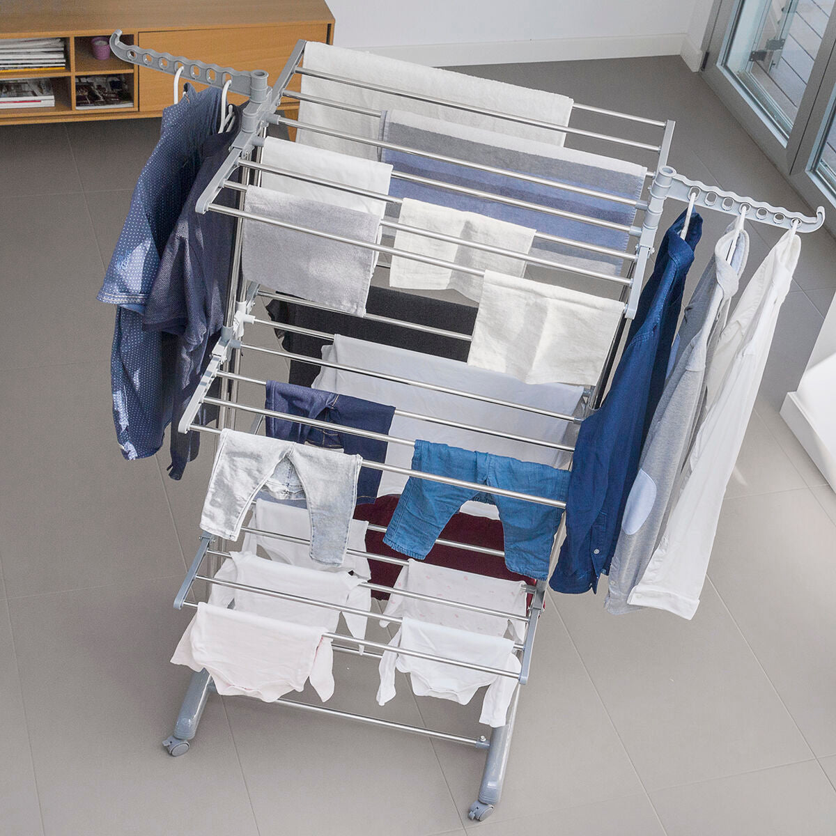 Folding vertical clothes dryer with wheels 24 bars