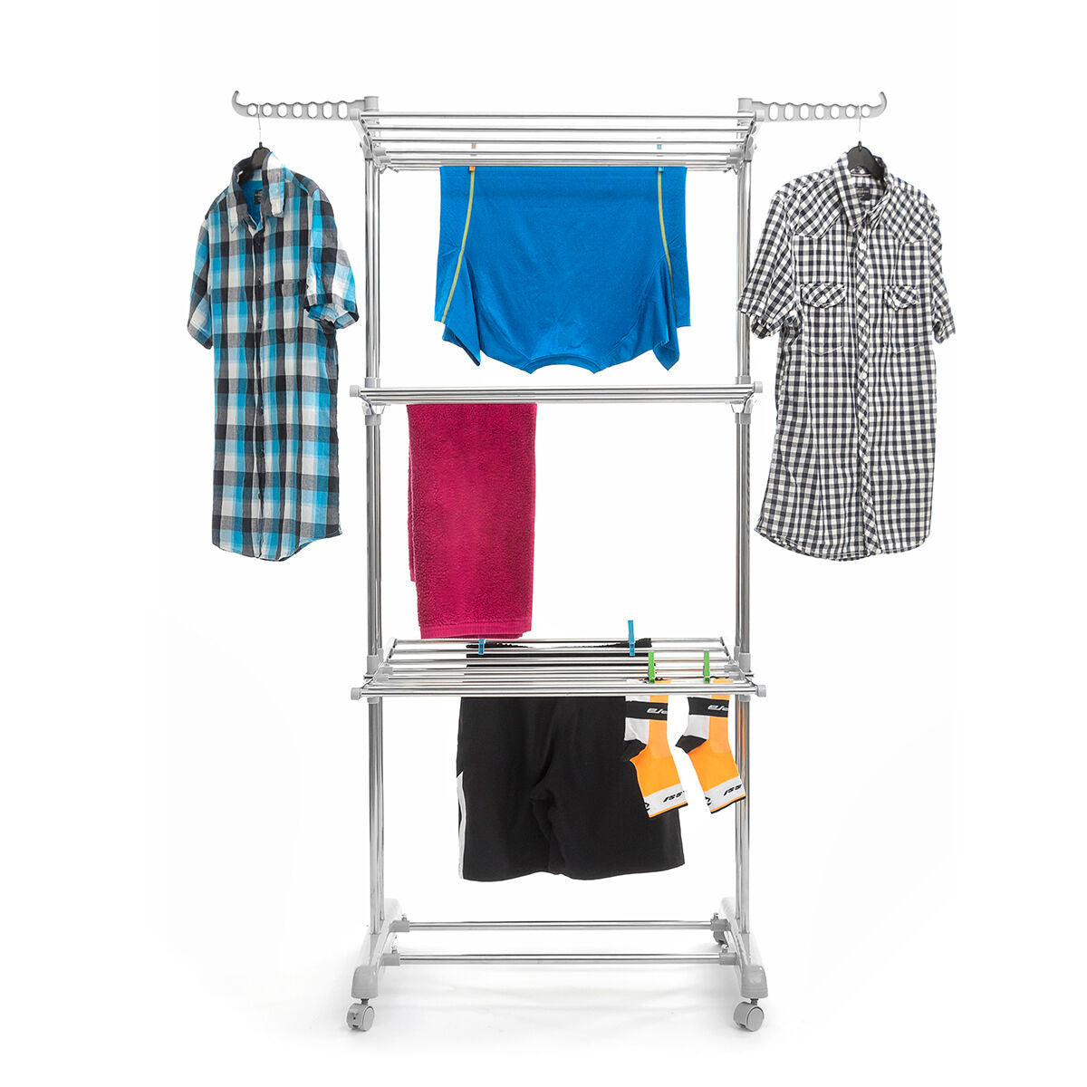 Clothing rack with clothes on a white background