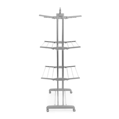 Gray metal corner shelf unit with multiple shelves on a white background