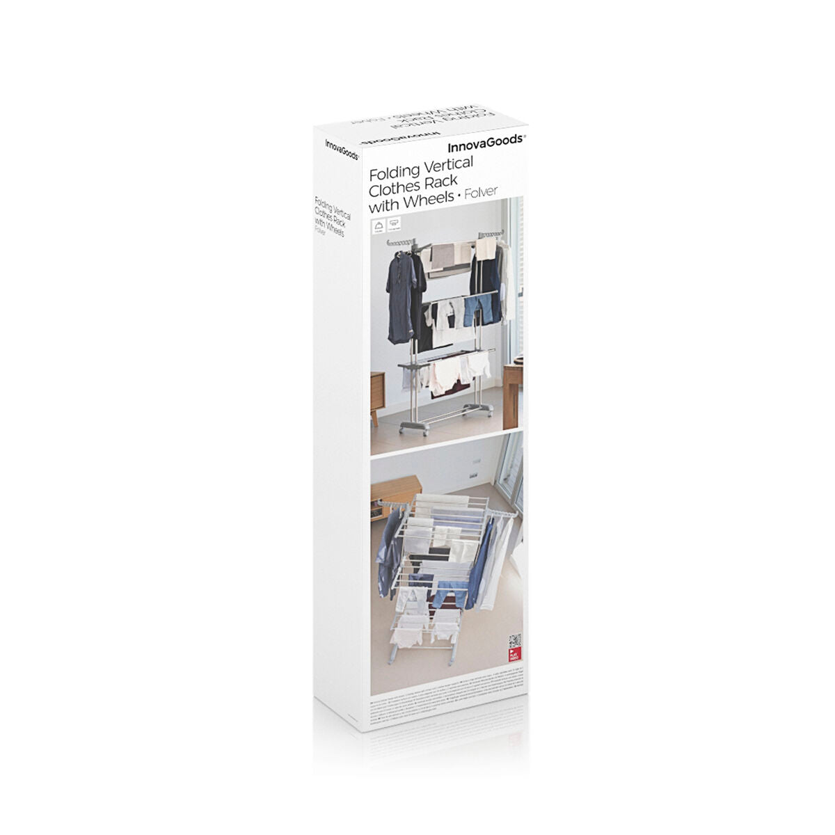 Packaging of InnovaGoods folding vertical closet rack with wheels on a white background
