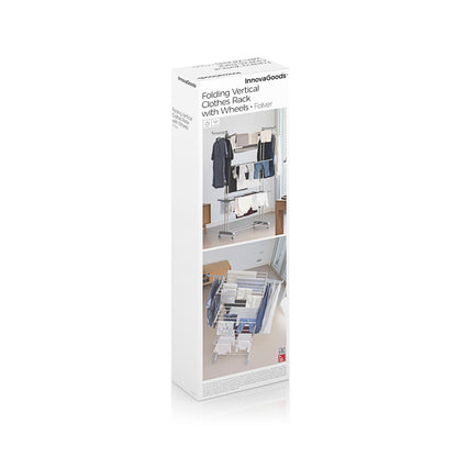 Packaging of InnovaGoods folding vertical closet rack with wheels on a white background