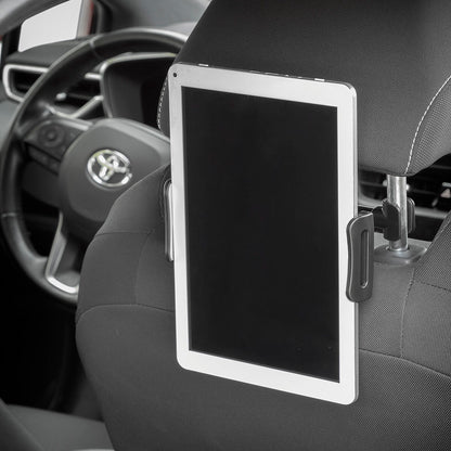 Tablet holder mounted on a car seat with a Toyota logo visible.
