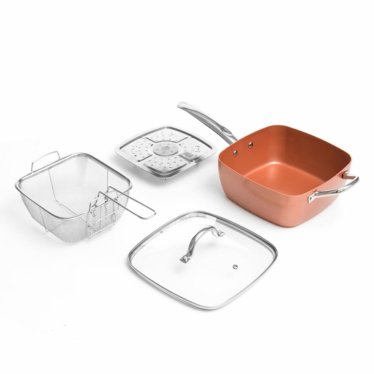 Copper cookware set with lids and a basket on a white background