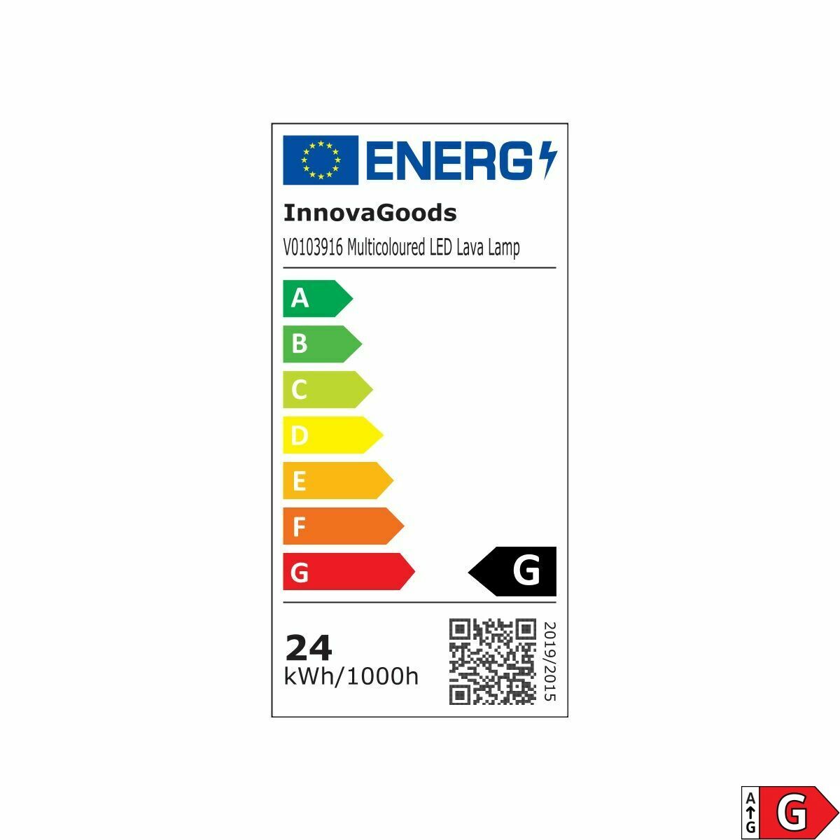 Energy label for Innovagoods LED lava lamp with color rating and energy consumption information.
