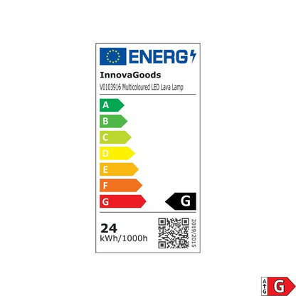 Energy label for Innovagoods LED lava lamp with color rating and energy consumption information.