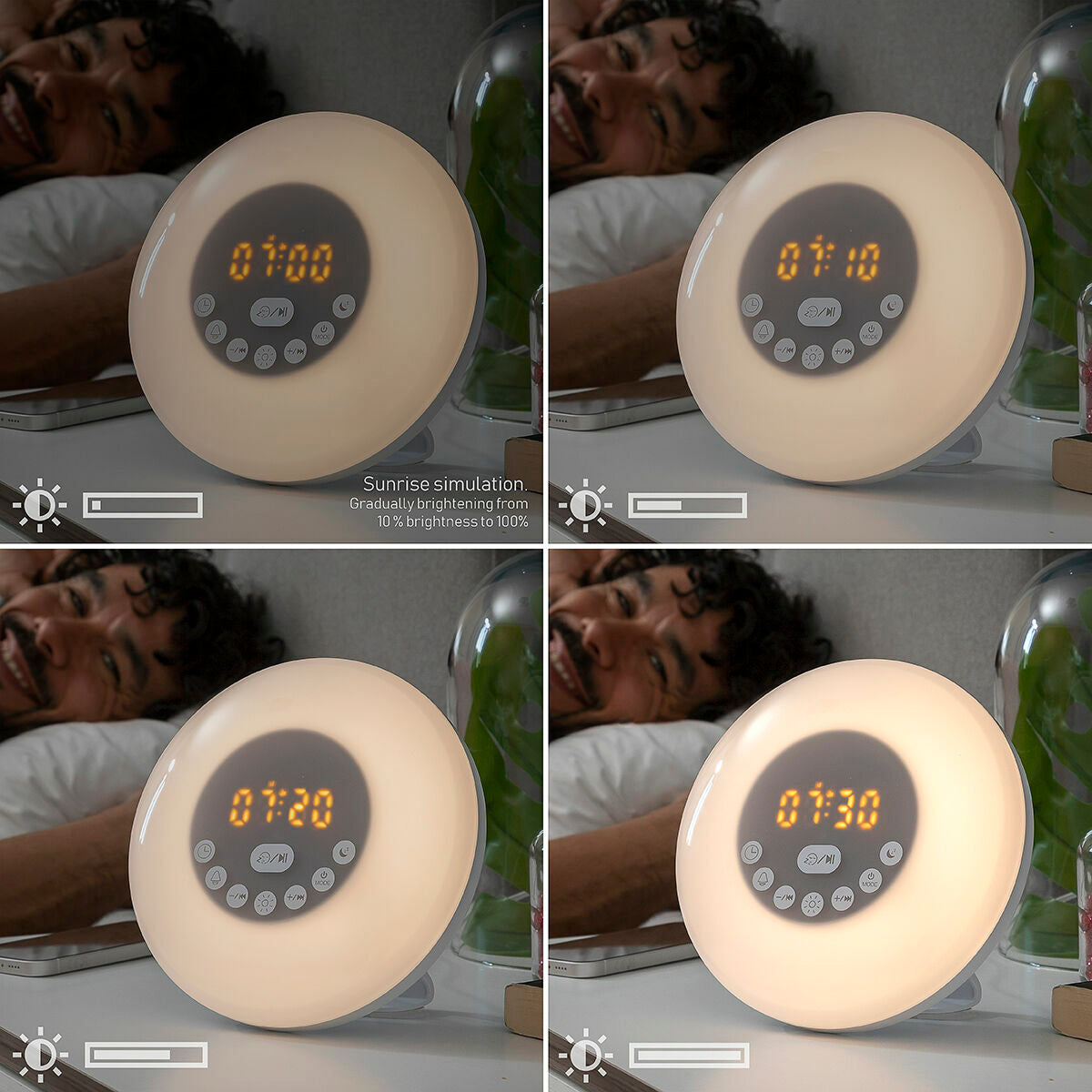 Collage of a digital clock with sunrise simulation feature on a bedside table.